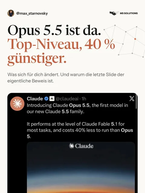 Karussell „Opus 5.5 ist da. Top-Niveau, 40 % günstiger.“ mit der Ankündigung von Claude
