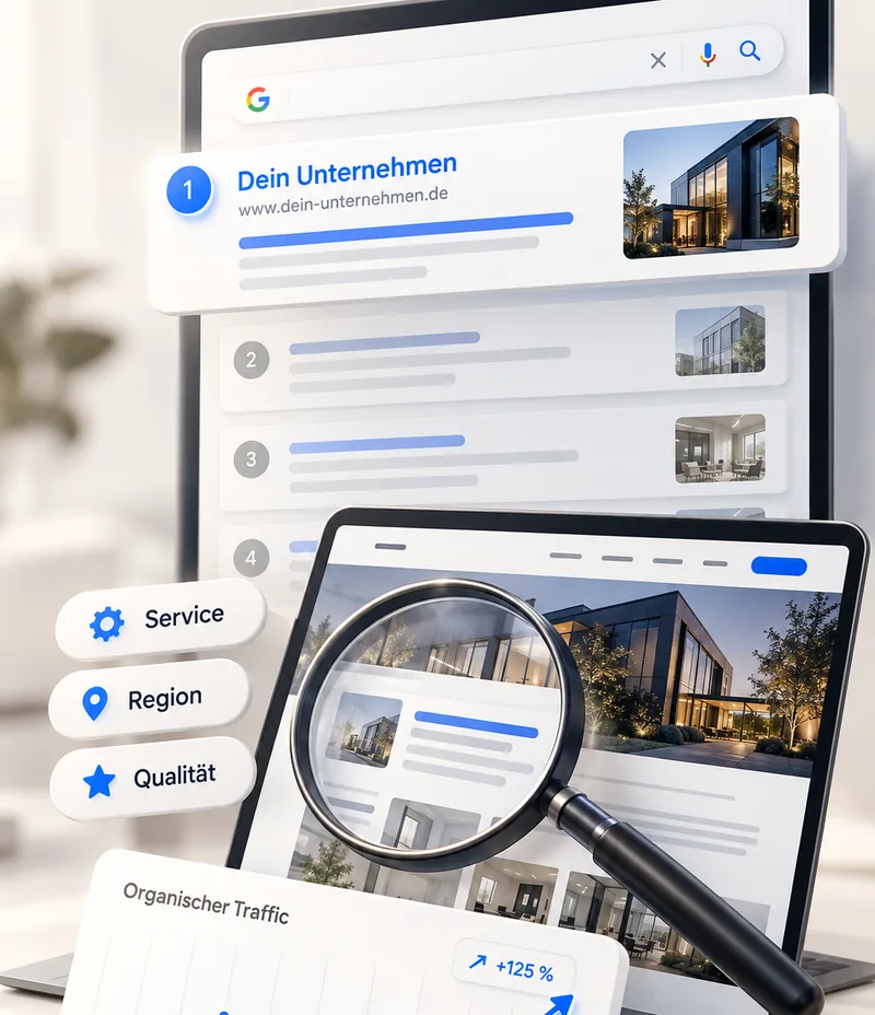 Illustration: Website eines Betriebs auf Tablet und Laptop, an erster Stelle in der Google-Suche