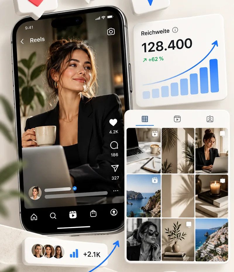 KI-generiert: Instagram-Reel auf dem Handy neben einer steigenden Reichweitenkurve