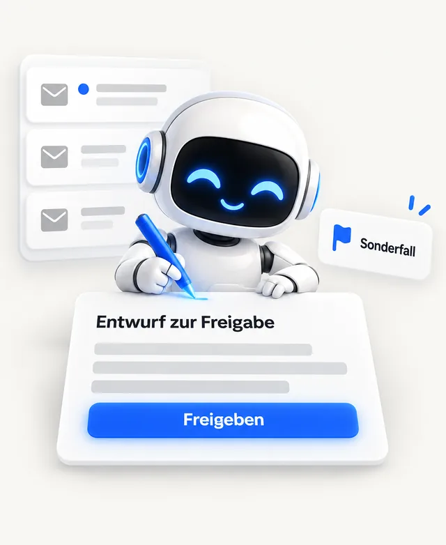 Illustration: KI-Assistent schreibt einen Antwortentwurf auf eine E-Mail, der Entwurf wartet auf Freigabe, ein Sonderfall ist markiert