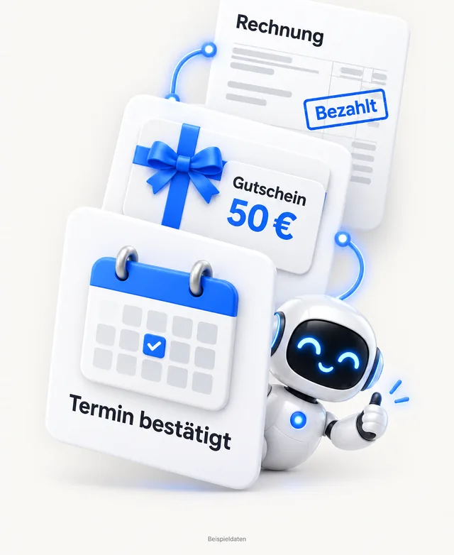 Illustration: bestätigter Termin im Kalender, Gutschein über 50 Euro und bezahlte Rechnung als Beispieldaten