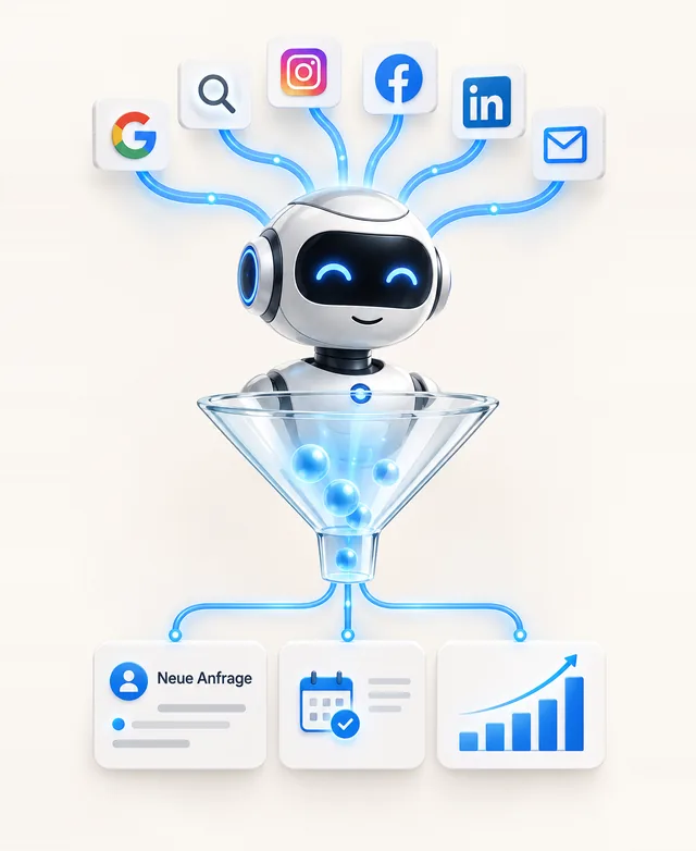 Illustration: KI-Assistent bündelt Anfragen aus Google, Instagram, Facebook, LinkedIn und E-Mail zu neuen Anfragen, Terminen und Wachstum