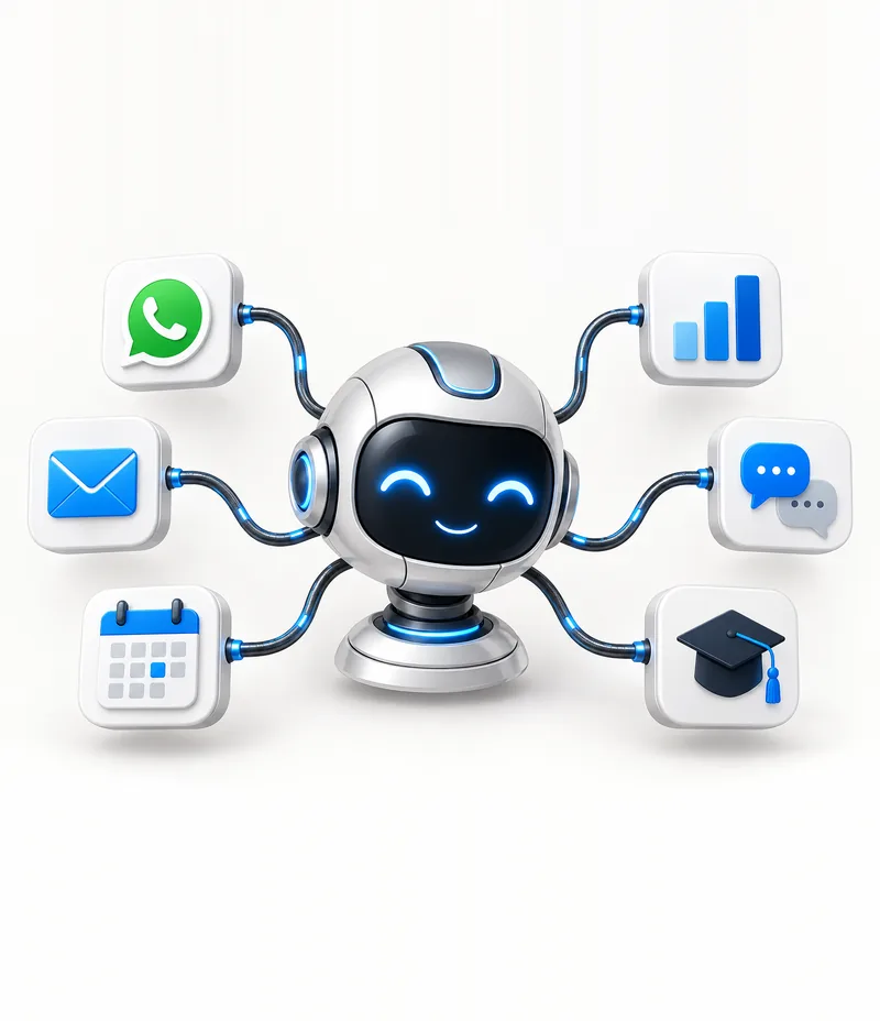 Illustration: KI-Assistent verbunden mit WhatsApp, E-Mail, Kalender, Chat, Auswertung und Schulung