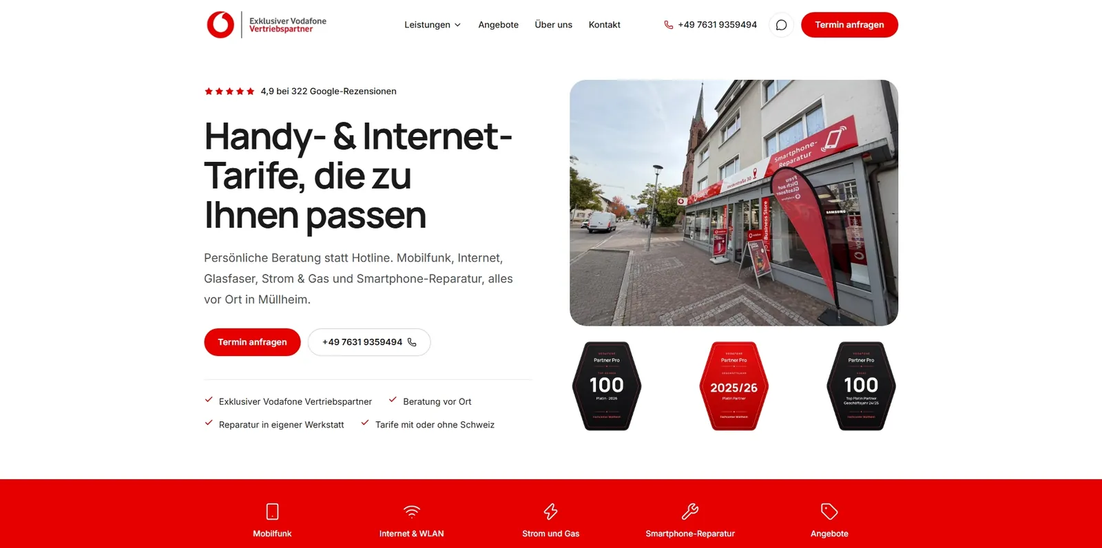 Neue Website von Vodafone Fachcenter Müllheim, Startseite am Desktop